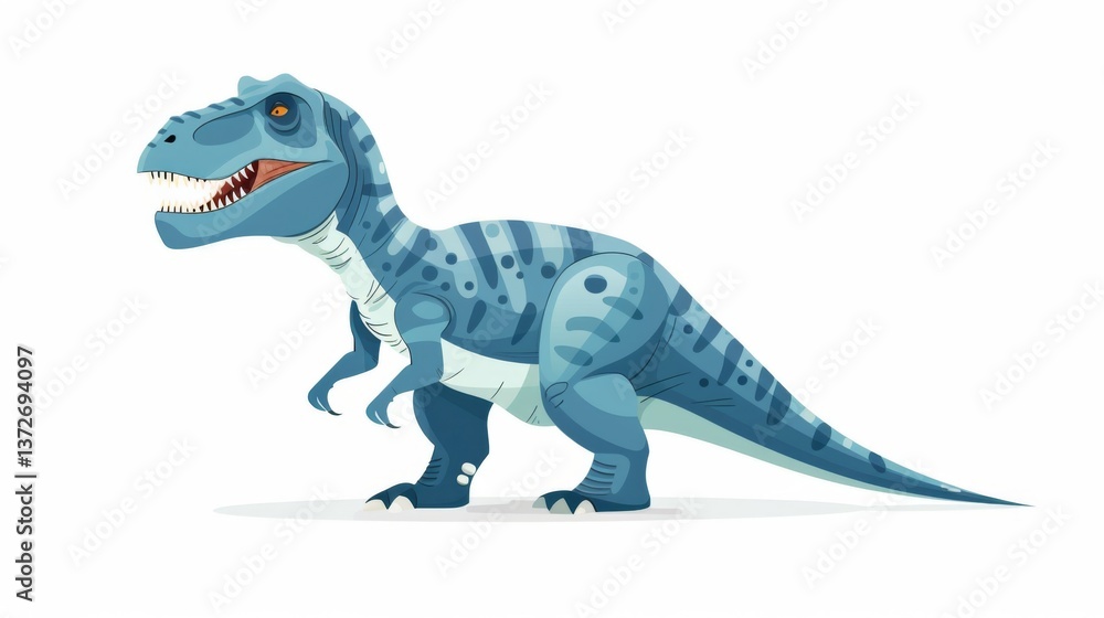 Fototapeta premium Blue cartoon dinosaur with sharp teeth and claws roaring in front of an abstract background.
