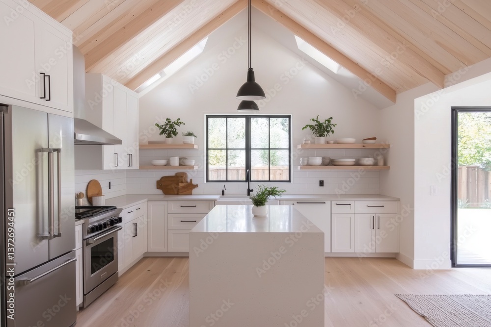 Modern Kitchen Design with High Ceiling and Natural Light Features Modern Kitchen Design with High Ceiling and Natural Light Features