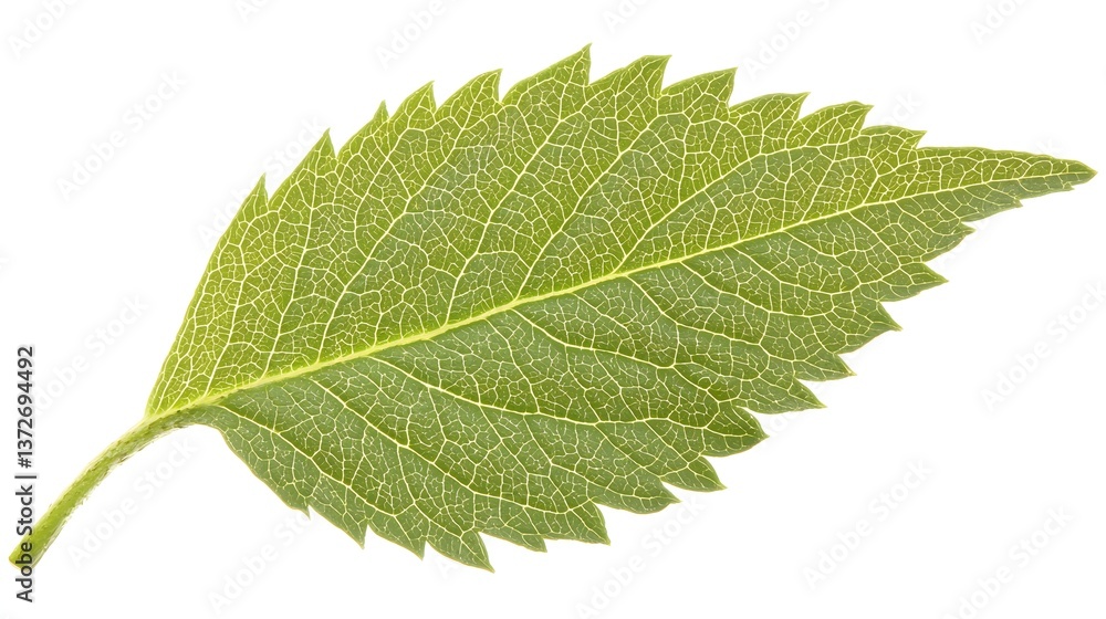 Closeup of a Fresh Green Leaf with Intricate Textures and Veins Isolated on White Background Closeup of a Fresh Green Leaf with Intricate Textures and Veins Isolated on White Background