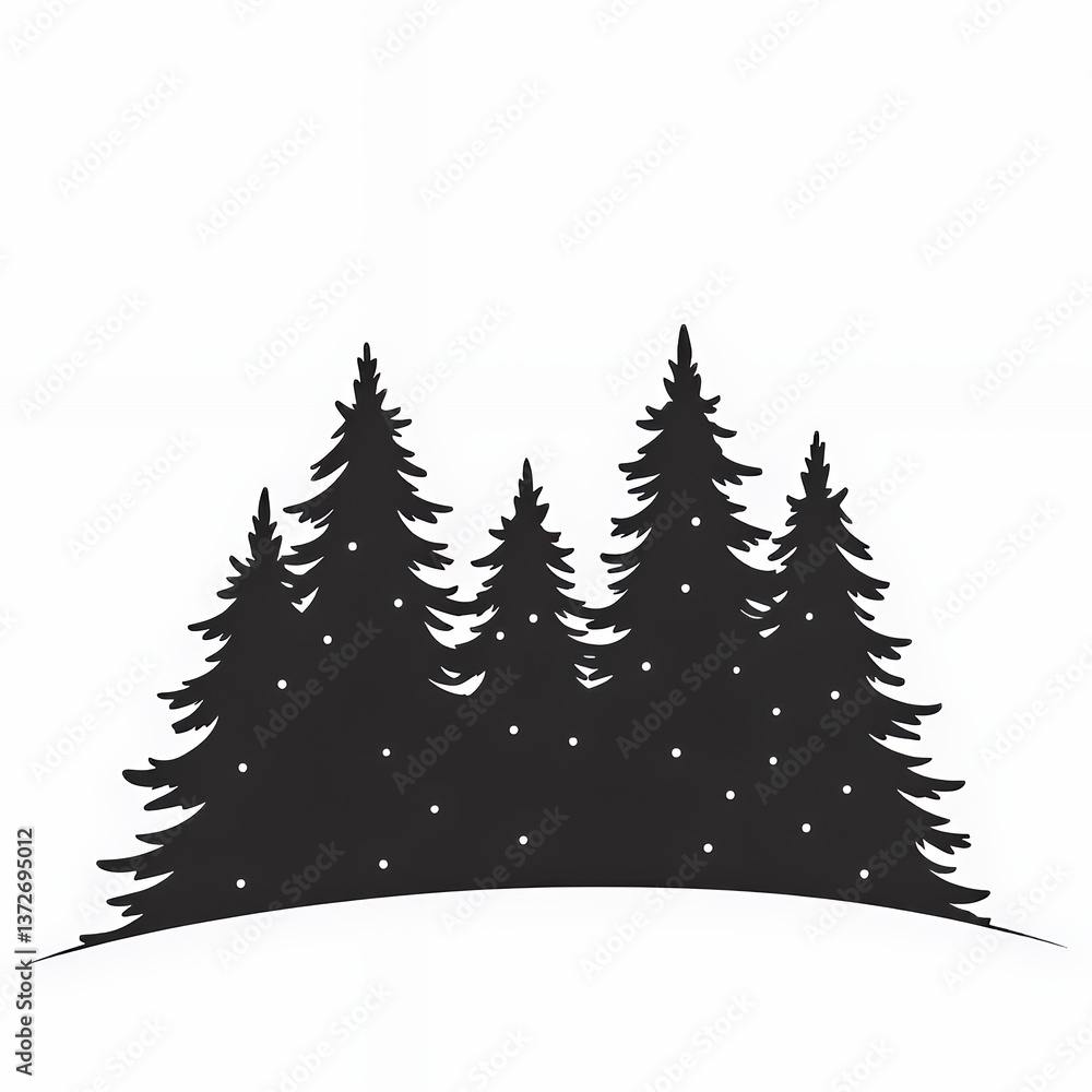 Obraz premium Silhouette of evergreen trees against a white background, creating a serene winter scene.