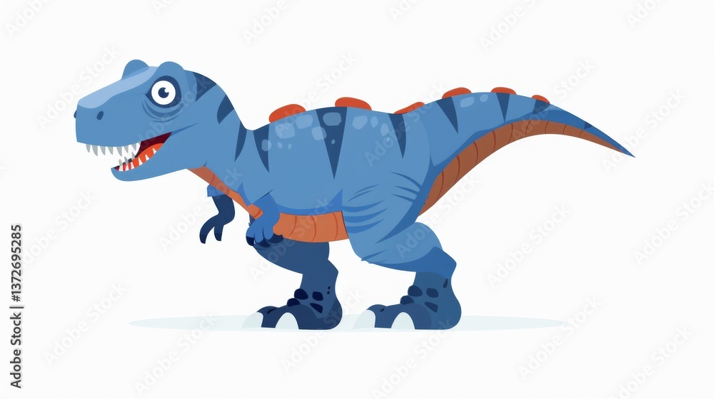 Obraz premium Blue cartoon dinosaur with sharp teeth and claws roaring in front of an abstract background.