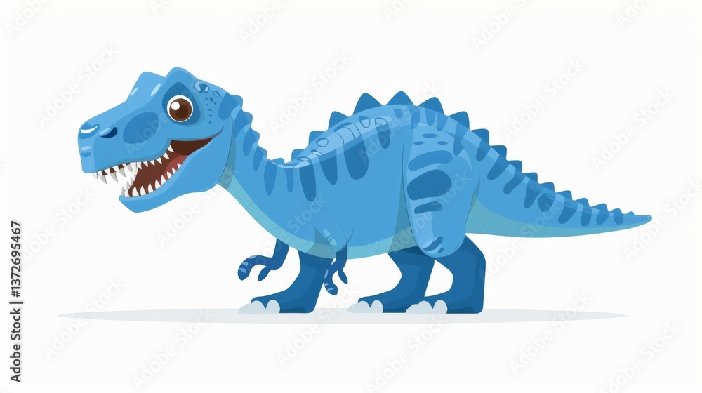 Fototapeta premium Blue cartoon dinosaur with sharp teeth and claws roaring in front of an abstract background.