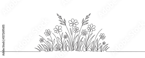 Abstract meadow line with grass and flowers. Continuous one line drawing. Vector illustration
