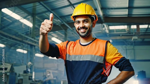 Confident factory worker in orange hard hat and uniform showing two thumbs up, showing enthusiasm and satisfaction.