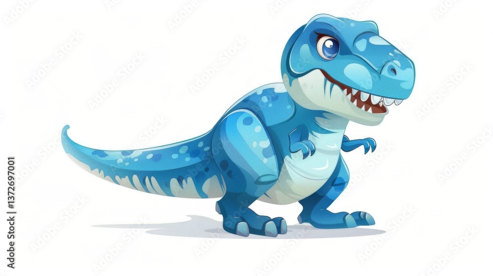 Naklejka premium Blue cartoon dinosaur with sharp teeth and claws roaring in front of an abstract background.