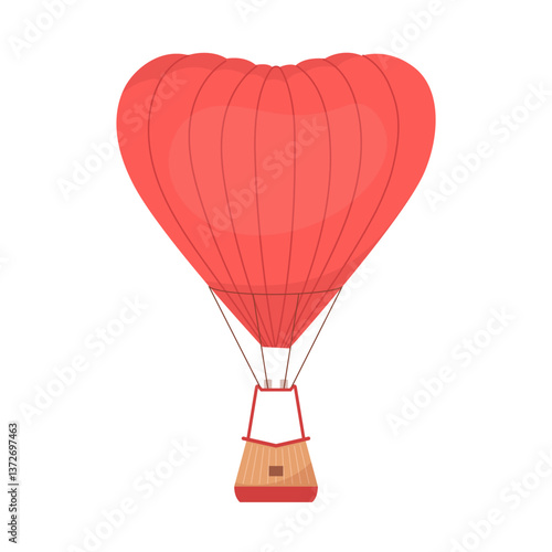 Heart shape hot air balloon Flying striped baloon love design element for decorating invitation to show, flyer, banner. Aerial travel tourist transport with basket. Flat vector illustration