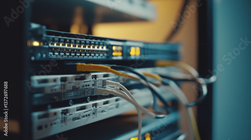 close up of network server rack with multiple routers and switches connected by cables, glowing lights indicating active connections. setup suggests secure and efficient network