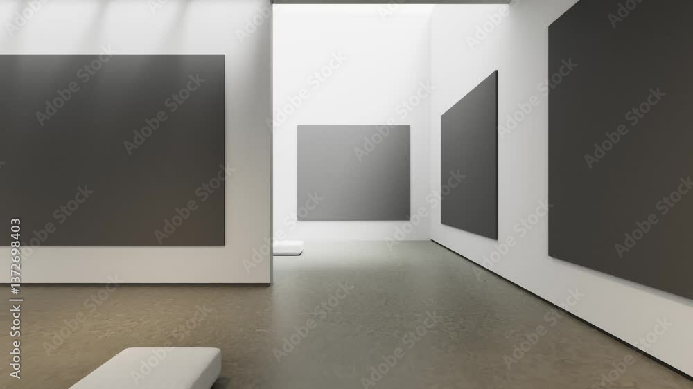 Minimalist Modern Art Gallery - Spacious White Interior with Large Dark Gray Canvases, Low Seating & Clean Architectural Lines for Sophisticated Exhibition or Design Concepts Minimalist Modern Art Gallery - Spacious White Interior with Large Dark Gray Canvases, Low Seating & Clean Architectural Lines for Sophisticated Exhibition or Design Concepts