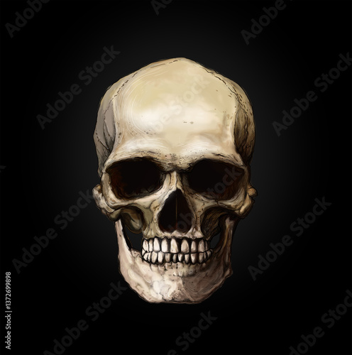 evil smiling human skull illustration  black background