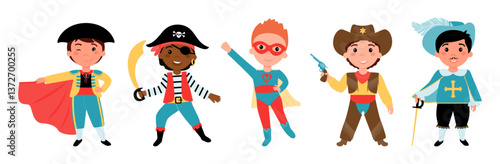 Boys dressed in cowboy, superman, musketeer, matador, pirate costumes.