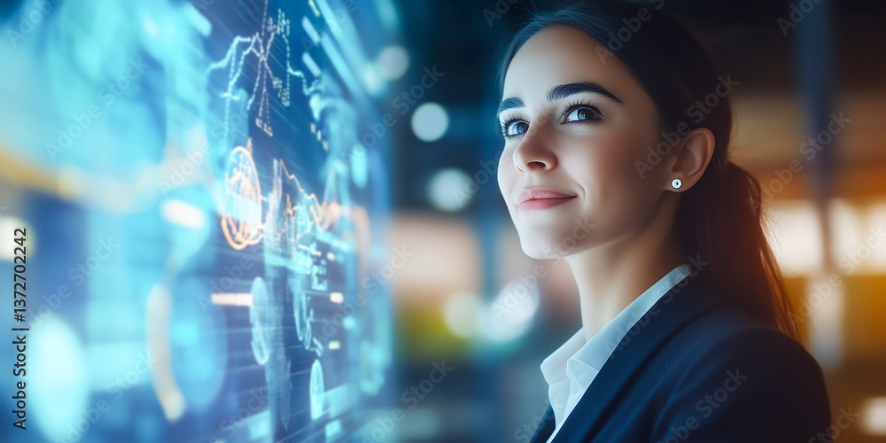 Naklejka premium 3D Businesswoman Confidently Smiling While Reviewing Financial Data for Corporate Growth