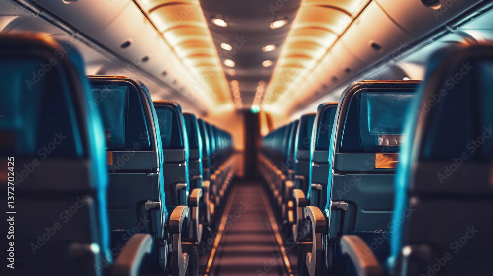 Naklejka premium Empty airplane interior with rows of blue seats, soft lighting, and perspective leading toward the back, creating a calm, spacious feeling of air travel.