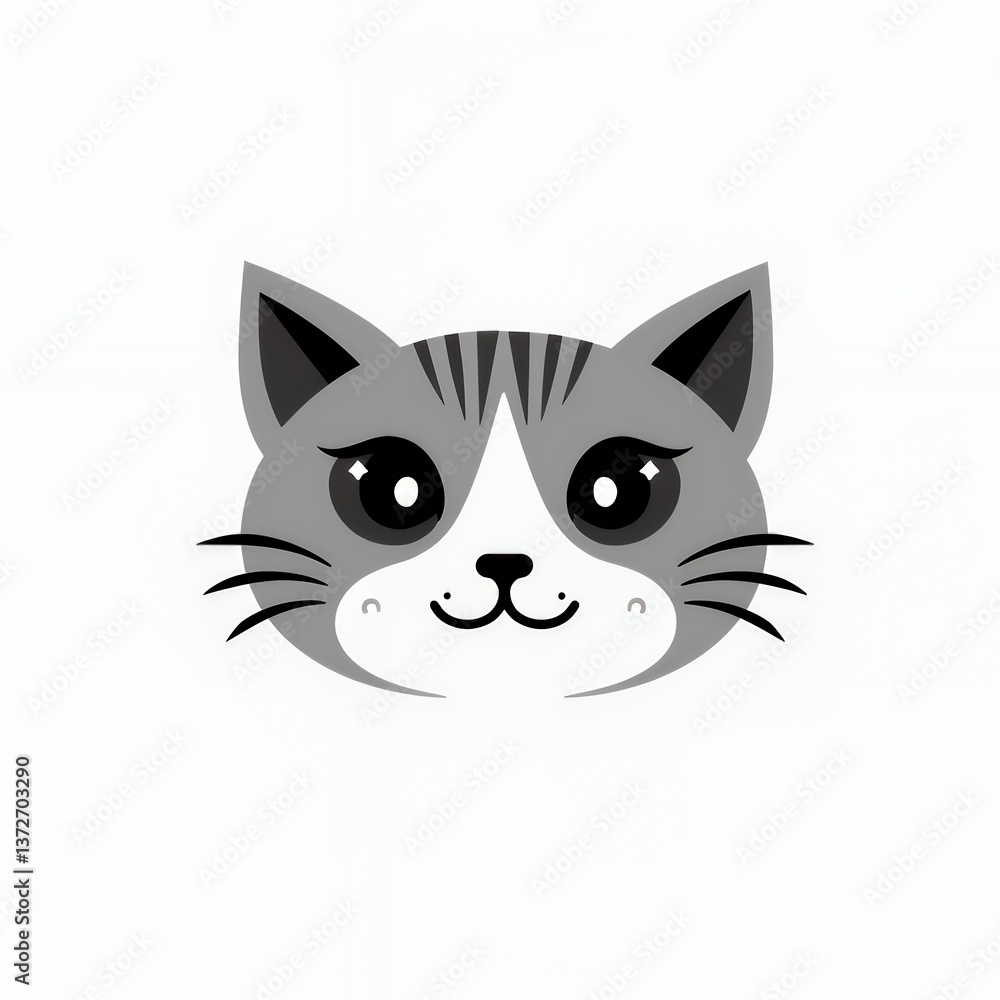 Obraz premium Cute cartoon gray cat face with big eyes and a playful expression.