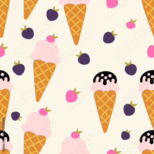 Ice Cream Cones and Berries. Seamless pattern background ideal for wrapping paper, fabric, textile etc.