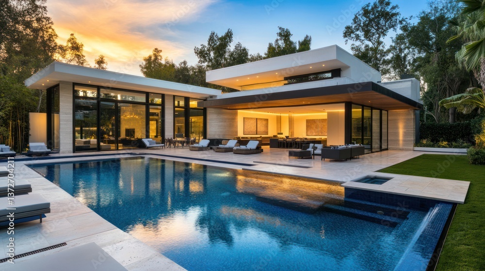Fototapeta premium Modern luxury house with a beautiful swimming pool at dusk