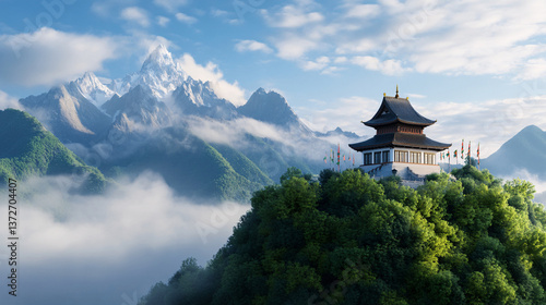 breathtaking Himalayan style monastery sits atop lush green hill, surrounded by misty clouds and majestic snow capped mountains under clear blue sky
