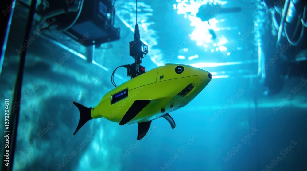 A robotic fish exploring deep sea ecosystems, high-pressure marine research station with underwater monitoring displays, High-tech style A robotic fish exploring deep sea ecosystems, high-pressure marine research station with underwater monitoring displays, High-tech style
