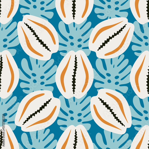 Cowrie shells and monstera leaves seamless ocean pattern