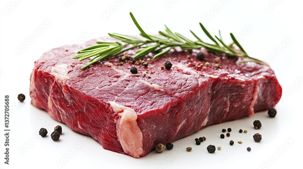 Obraz premium Raw beef steak with rosemary and black pepper isolated on white background food preparation concept