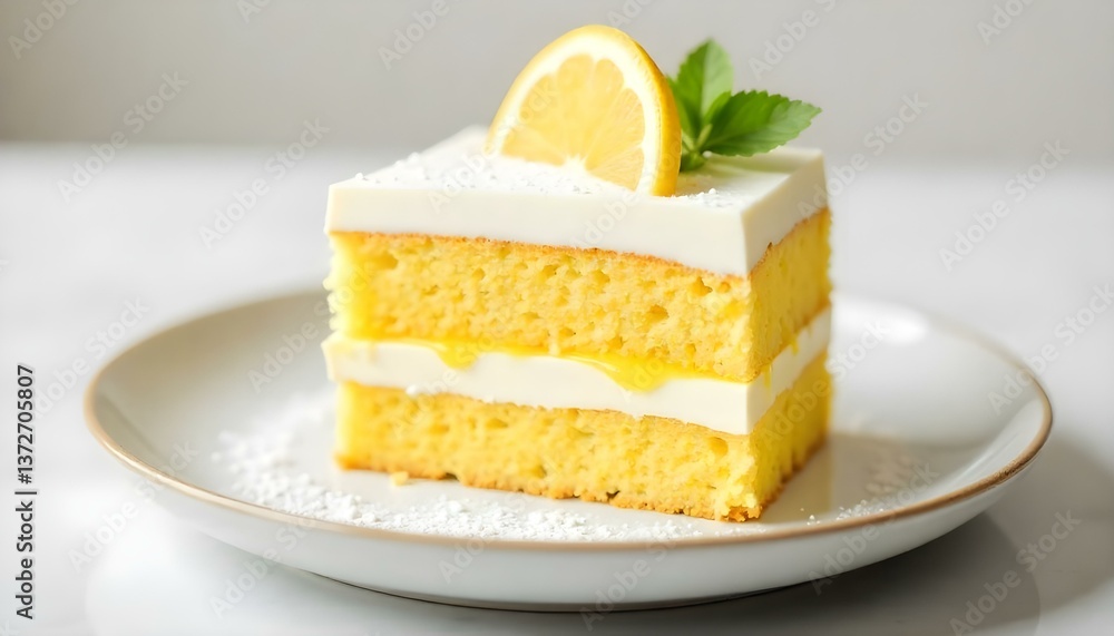A square slice of lemon cake on a plate, featuring a base layer of golden sponge cake, topped with a layer of white cream A square slice of lemon cake on a plate, featuring a base layer of golden sponge cake, topped with a layer of white cream