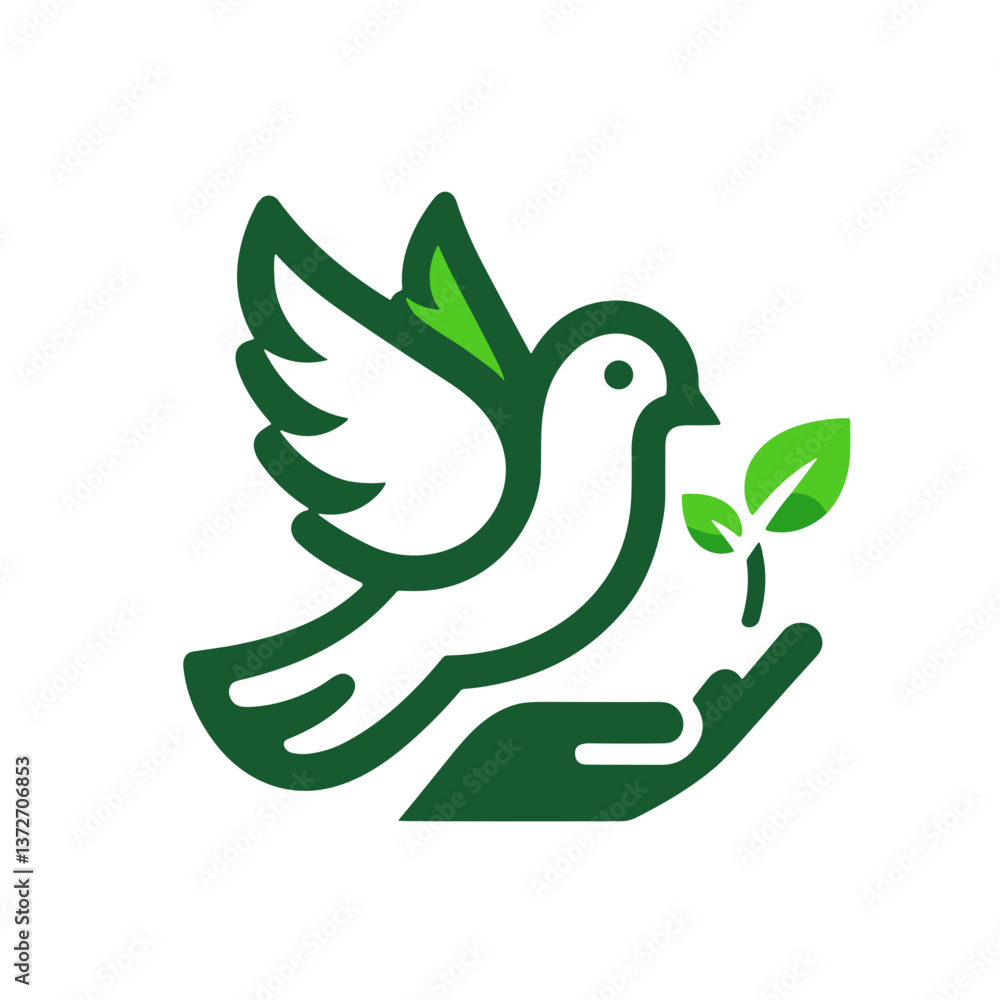 Fototapeta premium A dove with a sprout and hand, green vector, transparent background