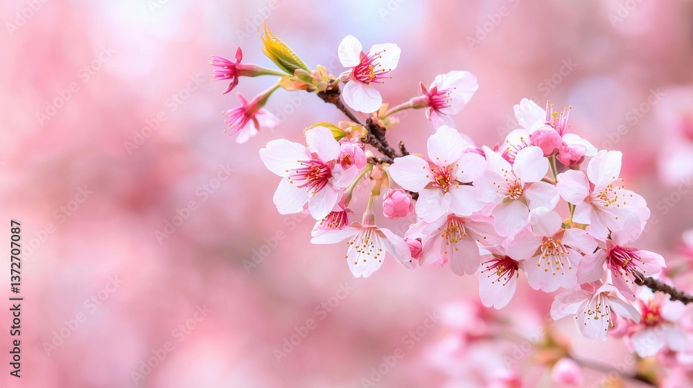 Delicate Cherry Blossom Branch Against Soft Pink Background Delicate Cherry Blossom Branch Against Soft Pink Background