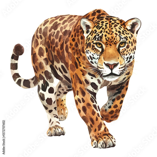 A watercolor vector of a jaguar, isolated on a white background. Jaguar vector.

