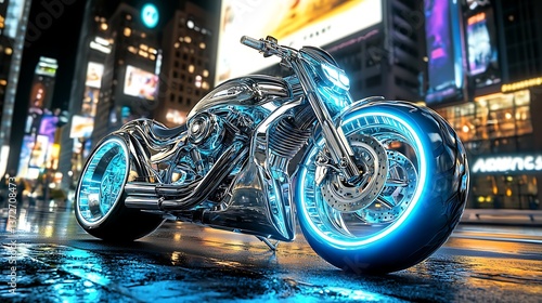 Futuristic chrome motorcycle in a vibrant city night.  Sleek design with glowing blue accents