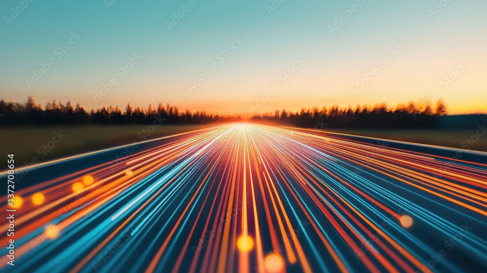 Dynamic Light Trails Flowing Along a Scenic Road at Sunset Dynamic Light Trails Flowing Along a Scenic Road at Sunset