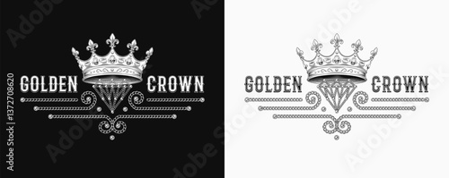 Horizontal black and white label with crown, fleur de lis sign, jewelry chains, text. Detailed composition in vintage style.