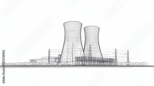 Wireframe style nuclear power plant illustration against a white background.