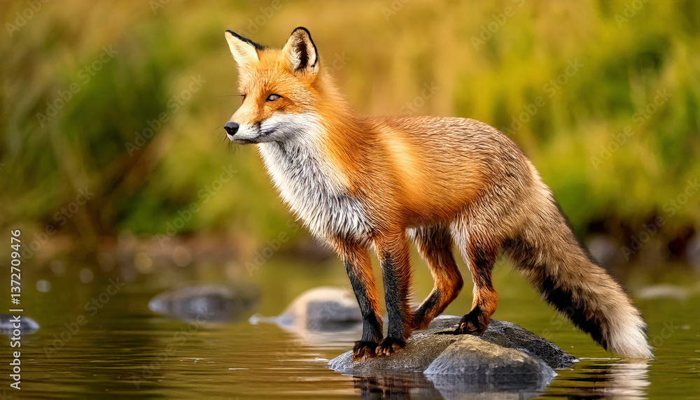 Obraz premium Stunning red fox stands majestically on rocks