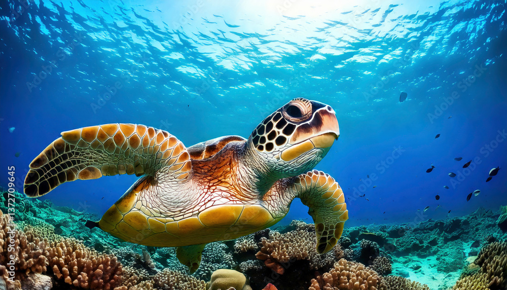 Fototapeta premium Vibrant green sea turtle glides through a sunlit coral reef