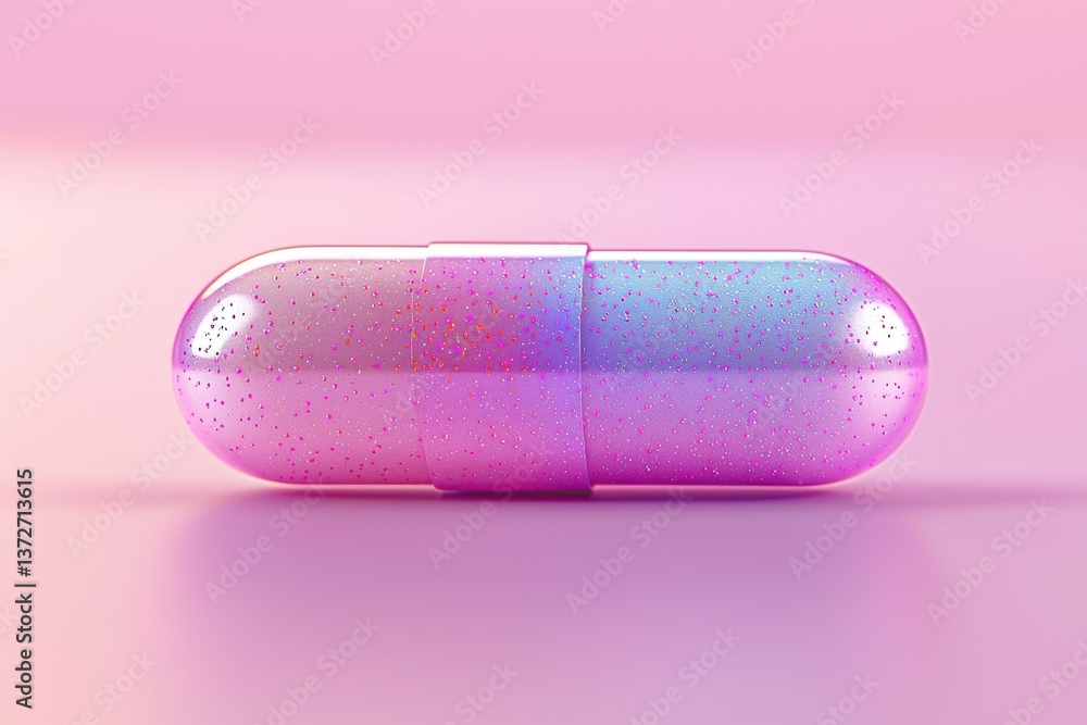 Abstract close-up of a colorful capsule pill with glittery texture set against a soft pink backdrop creating modern minimalist healthcare vibe. Abstract close-up of a colorful capsule pill with glittery texture set against a soft pink backdrop creating modern minimalist healthcare vibe.
