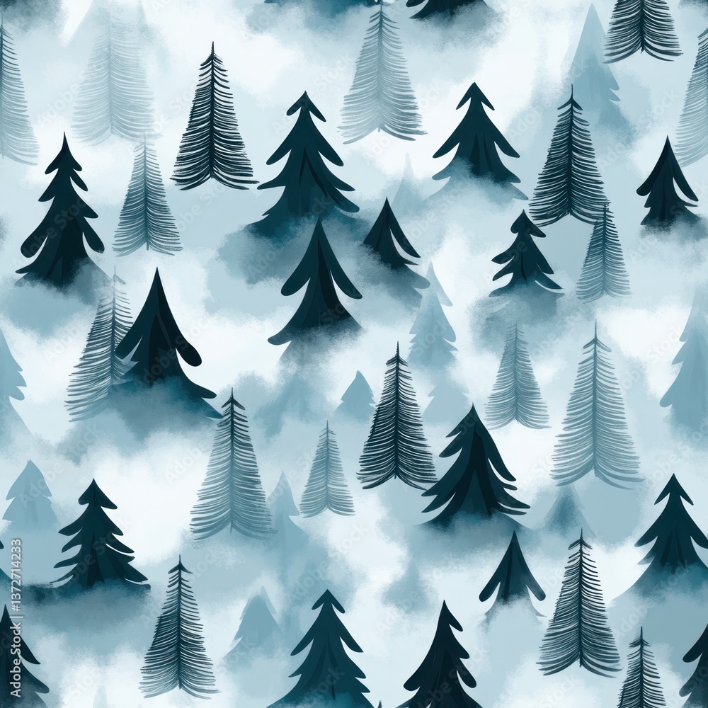 Obraz premium Seamless Pattern of Stylized Pine Trees in Misty Winter Forest.