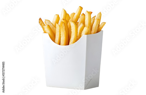 Golden french fries in white paper bag on white table. Takeaway fast food snack. Fried potatoes in a paper container, simple studio shot, minimalist design, greasy junk food. photo