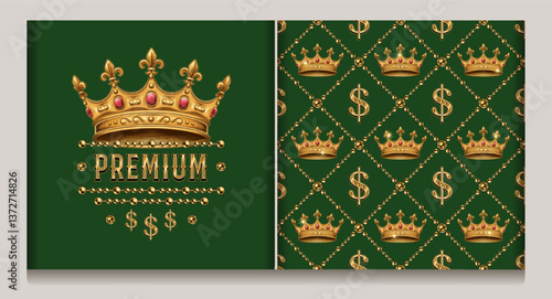 Label, diagonal cross line square grid pattern with golden crown, dollar sign, jewelry chains. Green background. Vintage kitsch style.