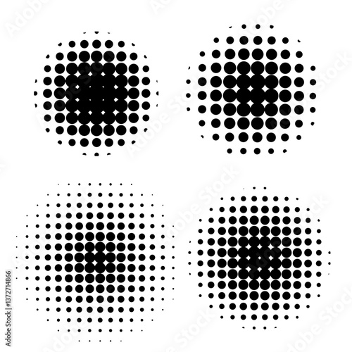 Set of retro halftone circles. Black halftone dots backgrounds. Vector retro vintage old comic dots halftone noise, arts. Spray points grain, grunge effect