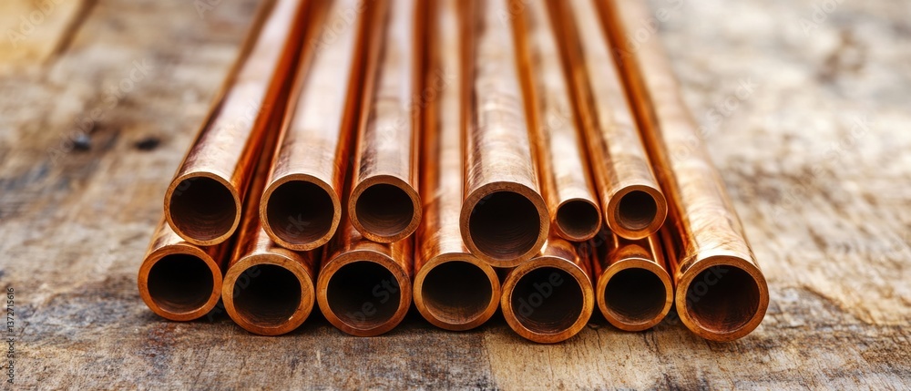 Gleaming Copper Pipes Arranged on Rustic Wooden Surface Capturing Industrial Elegance and Material Texture in Warm Light Gleaming Copper Pipes Arranged on Rustic Wooden Surface Capturing Industrial Elegance and Material Texture in Warm Light