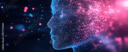A digital mesh face profile surrounded by glowing pink and blue light