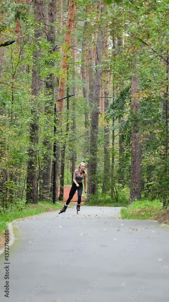 Attractive blonde feels free and light while rollerblading in city park in summer. Stunning Caucasian woman with beautiful figure uses roller skates for outdoor sports. Attractive blonde feels free and light while rollerblading in city park in summer. Stunning Caucasian woman with beautiful figure uses roller skates for outdoor sports.