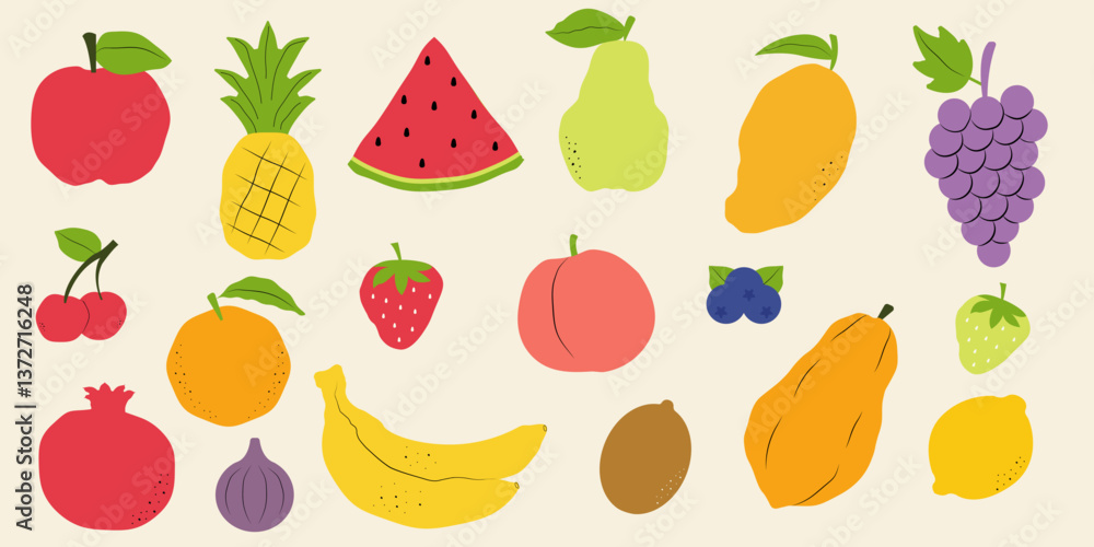 Fruit collection in flat hand drawn style. Vector fruits icon set isolated on white background
Fruit collection in flat hand drawn style. Vector fruits icon set isolated on white background