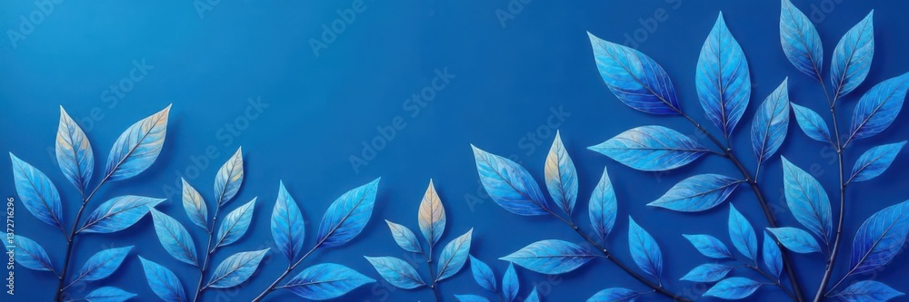 Fototapeta premium Minimalist blue line art leaves & branches, organic shapes Abstract botanical background , background, stylish