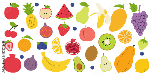 Fruit collection in flat hand drawn style. Vector fruits icon set isolated on white background	
