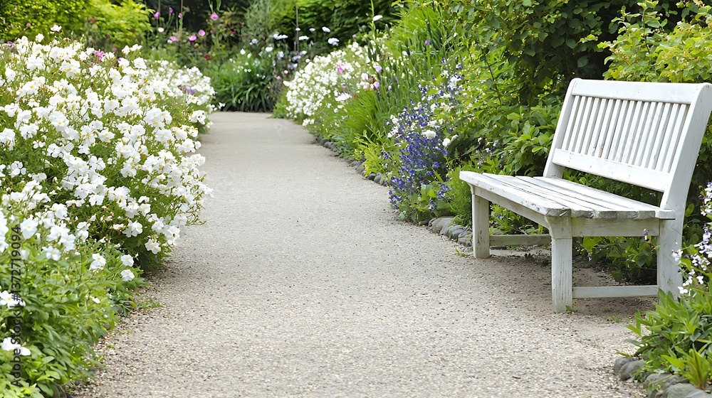 Tranquil garden pathway with bench surrounded by colorful flowers nature outdoor serene environment Tranquil garden pathway with bench surrounded by colorful flowers nature outdoor serene environment