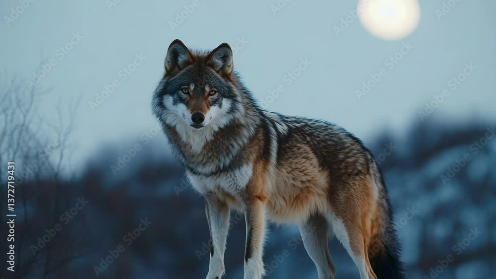A striking wolf stands alert on a snow-covered rock with the full moon glowing in the background. The image captures the essence of wild beauty, strength, and the quiet intensity of a winter A striking wolf stands alert on a snow-covered rock with the full moon glowing in the background. The image captures the essence of wild beauty, strength, and the quiet intensity of a winter