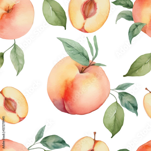 Peaches, Hand Painting Watercolor Seamless Pattern