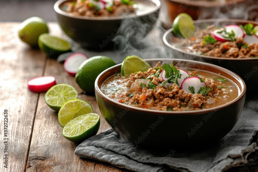 Flavorful Bowl of Authentic Pozole Soup with Fresh Limes and Radishes, Culinary Delight Flavorful Bowl of Authentic Pozole Soup with Fresh Limes and Radishes, Culinary Delight