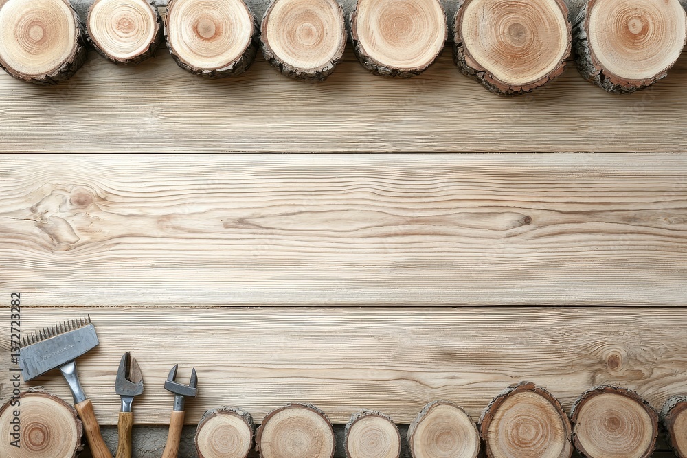 A collection of wooden logs arranged neatly, accompanied by gardening tools, set against a light wooden surface.