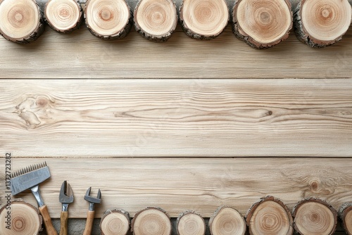 Obraz na płótnie A collection of wooden logs arranged neatly, accompanied by gardening tools, set against a light wooden surface. w salonie
